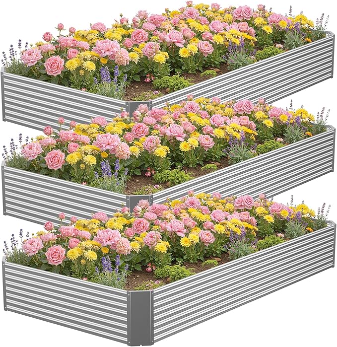 3 Pcs 8 x 4 FT Galvanized Steel Raised Garden Bed – Outdoor Weatherproof Metal Planter Box for Vegetable &amp Herb Gardening Quick Assembly Clean Modern Look