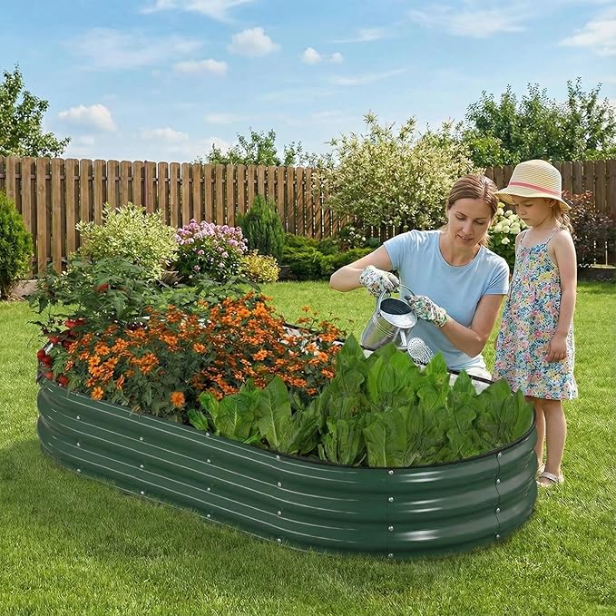 Raised Garden Bed 6x3x1ft Galvanized Outdoor Planter Beds with Safety Edging and Gloves Oval Metal Planter Box for Gardening Vegetables Flowers Herb-Deep Green