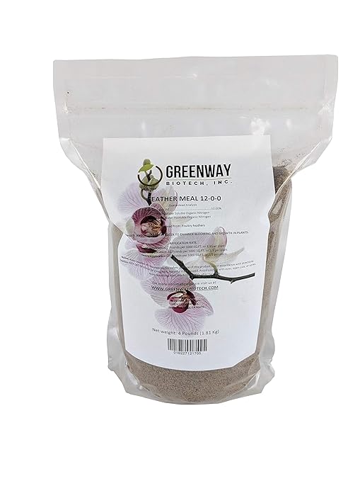 Greenway Biotech Inc. Organic Feather Meal Fertilizer 12-0-0 Includes 12% Nitrogen Fertilizer for Compost- Free from Heavy Metals &amp Ideal for Flowers Fruits Vegetables and Plants (4 Pounds)