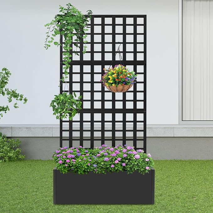 Metal Planter Box with Trellis Heavy Duty Planter with Lattice Panels Privacy Raised Garden Bed Trellis Planters Boxes for Climbing Plants Vegetables Vines 35 W X 16 D X 71 H (Black)