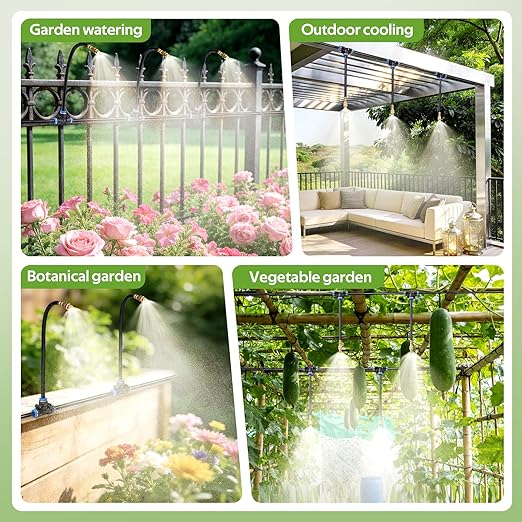 HIRALIY 360° Adjustable Drip Irrigation System 100FT 1/4 Tubing with Adjustable Copper Nozzles Automatic Atomizing Watering Kit for Garden Yard Lawn Greenhouse &amp Potted Plants