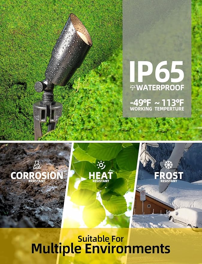 COLOER Brass Low Voltage Landscape Spotlight(Black) 6-Pack with 5W Aluminum Housing MR16 LED Bulb 2700K 450LM CRI85+12V AC/DC Outdoor Uplighting Directional Garden Patio Spot Up Light(101B-Black)