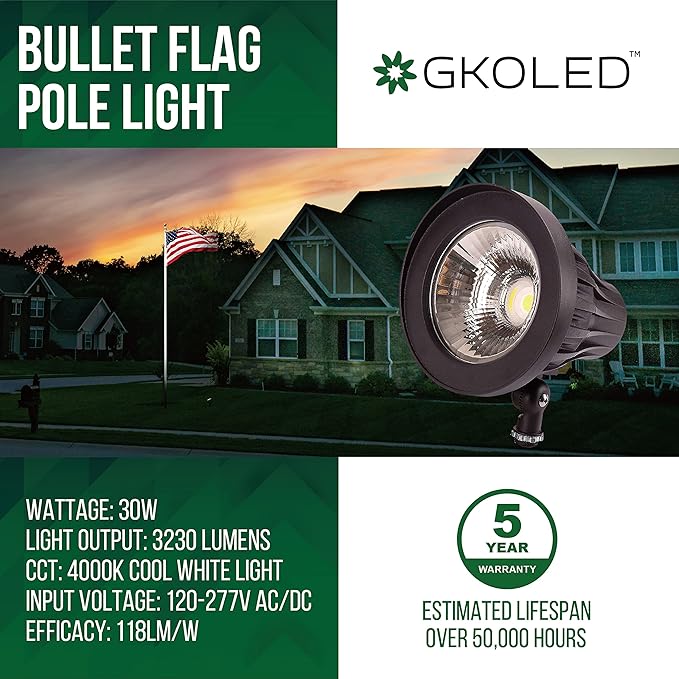 GKOLED 30W 4000k 44° Beam Angle Bullet/Round Outdoor Spotlight with 30-Pack Lengthened Waterproof Wire Connectors