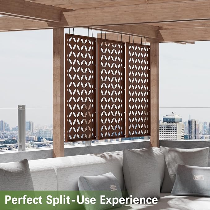 Metal Privacy Screen Outdoor 72 H×44 W -Brown Freestanding Outdoor Privacy Panels with Stand Decorative Fence for Patio Deck Balcony（Clover）