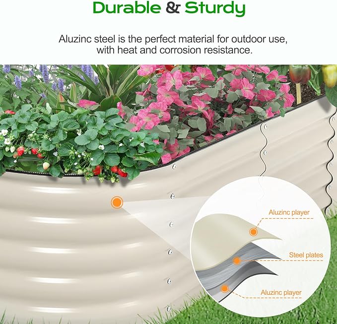 Aoodor 60 L x 15 W x 17 H Galvanized Raised Garden Bed Durable Half Moon Outdoor Planter Box for Vegetables Flowers and Herbs Beige