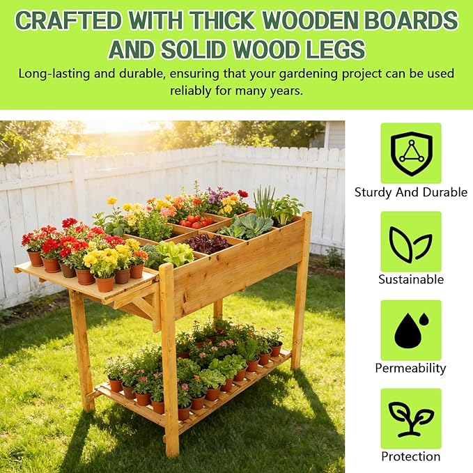 8 Pockets Horticulture Raised Garden Bed Elevated Wood Planter Box Stand with Foldable Side Table and Storage Shelf for Herb/Vegetables/Flowers (49 L x22 W x32 H)