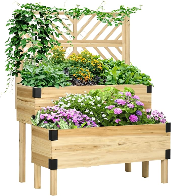 Raised Garden Bed with Trellis 2 Tier Wooden Elevated Planter Box with Legs and Metal Corners for Vegetables Flowers Herbs Natural