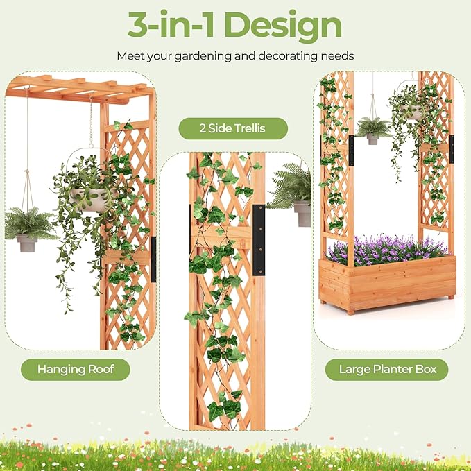 ORALNER Raised Garden Bed with Trellis Wooden Planter Box with Climbing Frame Outdoor Elevated Garden Box for Vegetables Herbs Flowers Fruits (Medium)
