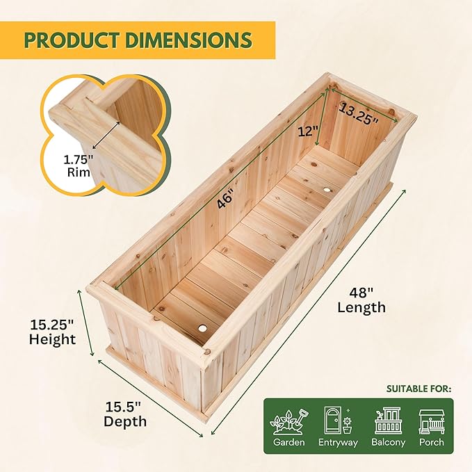 Shine Company Premium Cedar Raised Garden Bed Planter Box for Vegetables Flowers or Herbs 48 L x 13.25 D x 12.5 H