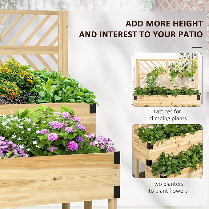 Raised Garden Bed with Trellis 2 Tier Wooden Elevated Planter Box with Legs and Metal Corners for Vegetables Flowers Herbs Natural
