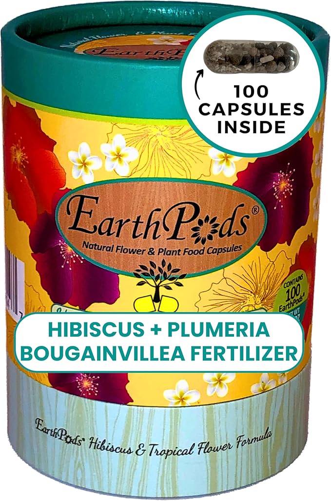 EarthPods® Premium Hibiscus Fertilizer Capsules (100 Count) Tropical Plant Food Spikes | Specialized Bio Nutrients for Plumeria &amp Bougainvillea (Organic + Vegan + Made in USA)