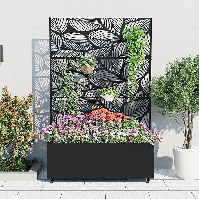 Garvee Metal Raised Garden Bed with Trellis and Wheels 71x47x16 Metal Planter Box with Trellis Privacy Screen for Climbing Plants Vegetable Vines Drainage Holes 15.8 Deep Planting BedBlack