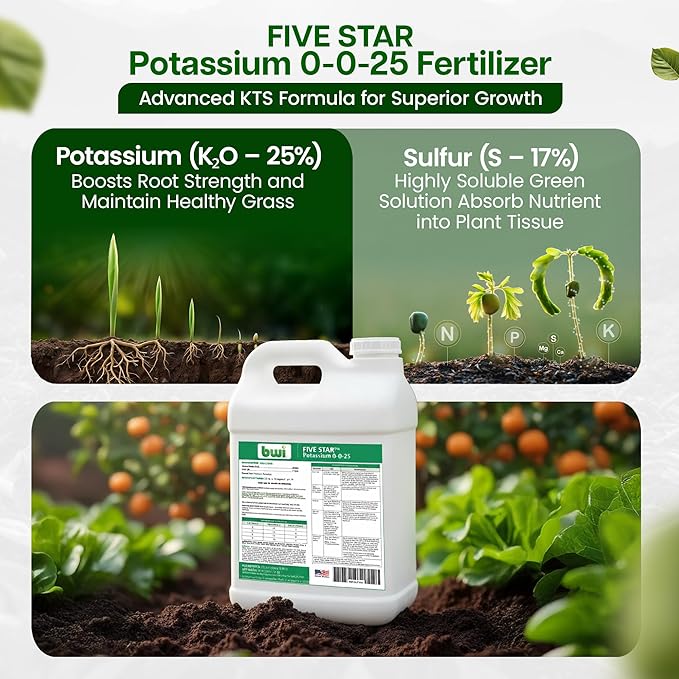 Five Star Turf Liquid Potassium Fertilizer 0-0-25 KTS for Stress Tolerance Foliar &amp Root Uptake - No Chlorides Low Salt Index with Fast-Acting Potassium for Turf Lawns &amp Sports Fields - 2.5