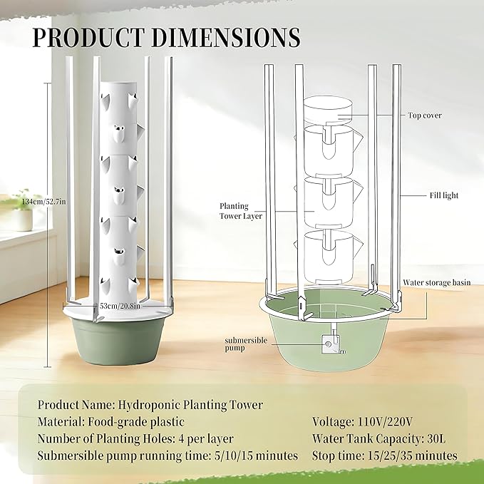 Hydroponics Growing Kits Vertical Garden Planter hydroponics Top Water DistributionGravity Return 20/28/36 Planting Holes Suitable for Vegetables and Growing Herbs Withlights-7Layer