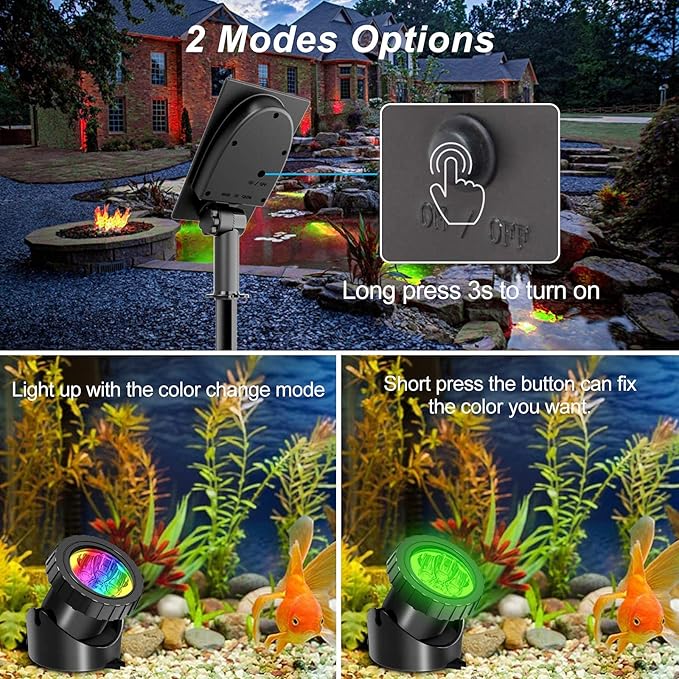 T-SUN Solar Spotlights 4-in-1 5W Solar Powered LED Spotlights 3000K 1 Pack and Solar Pond Lights 5 Headlamp RGB LED Pool Lights 1 Pack