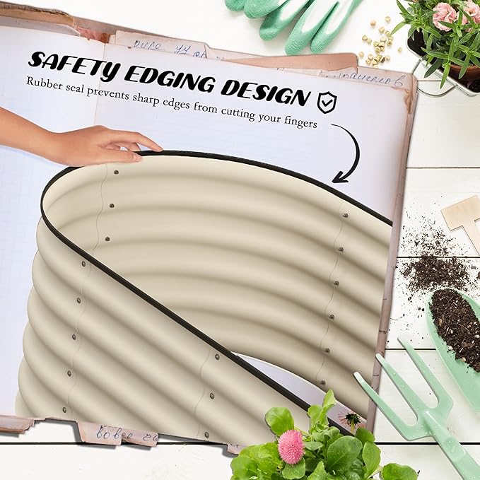 6.5' x 2' x 1.4' Galvanized Raised Garden Bed Kit Outdoor Metal Elevated Planter Box with Safety Edging Easy DIY Stock Tank for Growing Flowers Herbs Vegetables Cream