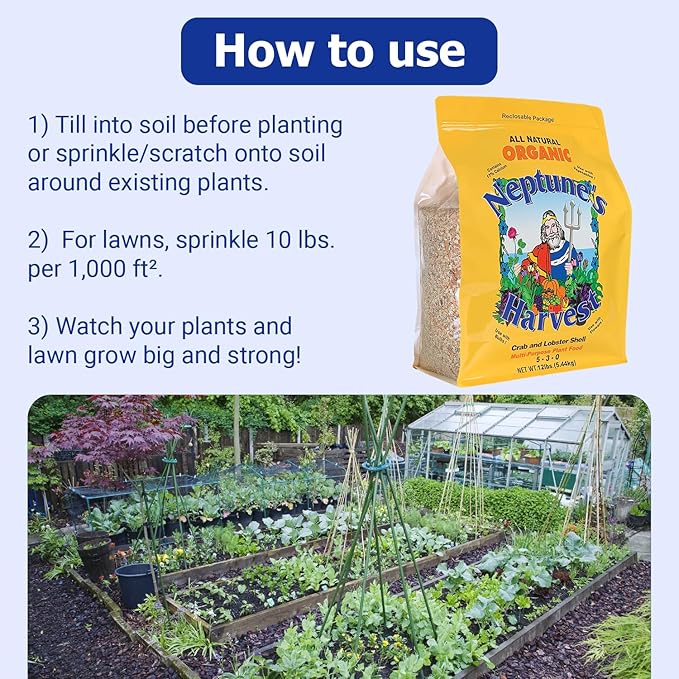 Neptune’s Harvest Organic Crab &amp Lobster Shell Multi-Purpose Plant Food (5-3-0) - 12 LB Resealable Bag - Rich in Nutrients Soil Fertilizer - Plant Food for Lawns Gardens and Vegetables