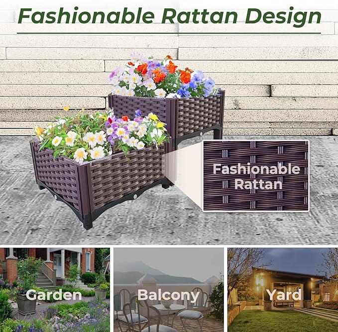 Plastic Raised Garden Bed Set of 2 Planter Grow Boxes 14.5 H Elevated Garden Boxes for Indoor &amp Outdoor Patio Vegetable Fruit Flower Herb