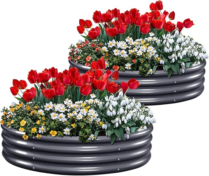 KING BIRD Raised Garden Bed Galvanized Round Planter Box Outdoor for Gardening Plants Vegetables Flowers Dark Grey 24x24x12 in 3 Packs
