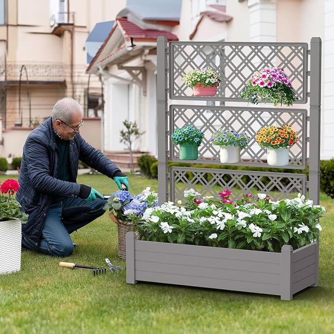 Raised Garden Bed with Trellis for Climbing Plants 43.43 L x 18.27 W x 59.29 H Self Watering Planter Box with Drainage Holes for Outdoor Backyard Patio Balcony Anti-Rust Resin (Grey)