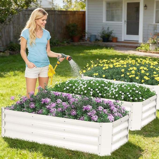ZORMY 2 Pcs 4x2x1ft Galvanized Raised Garden Bed Outdoor Metal Planter Boxes with Easy Assembly Planter Raised Beds for Gardening Flower Plants Vegetable Herb - White