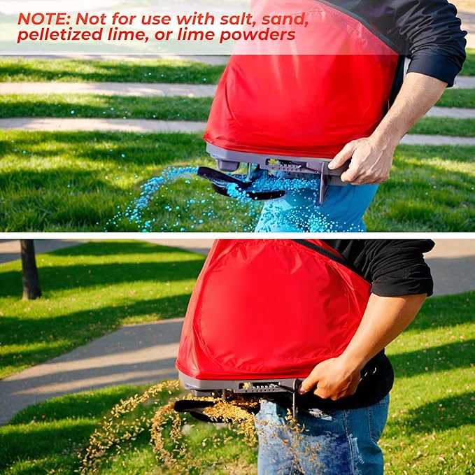 Walensee Handheld Seed Spreader with 25lb Bag Frame Support Flow Control Enclosed Gears Rear Baffle Adjustable Strap &amp Goggles – Bag Seeder for Lawn and Garden Red