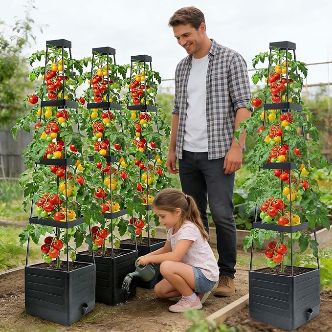 MQFORU 4Pack Raised Garden Bed Planter Boxes with Trellis 57 Self-Watering Tomato Planter Boxes with Trellis for Climbing Vegetable and Plants Tomato Cage for Indoor Outdoor Use