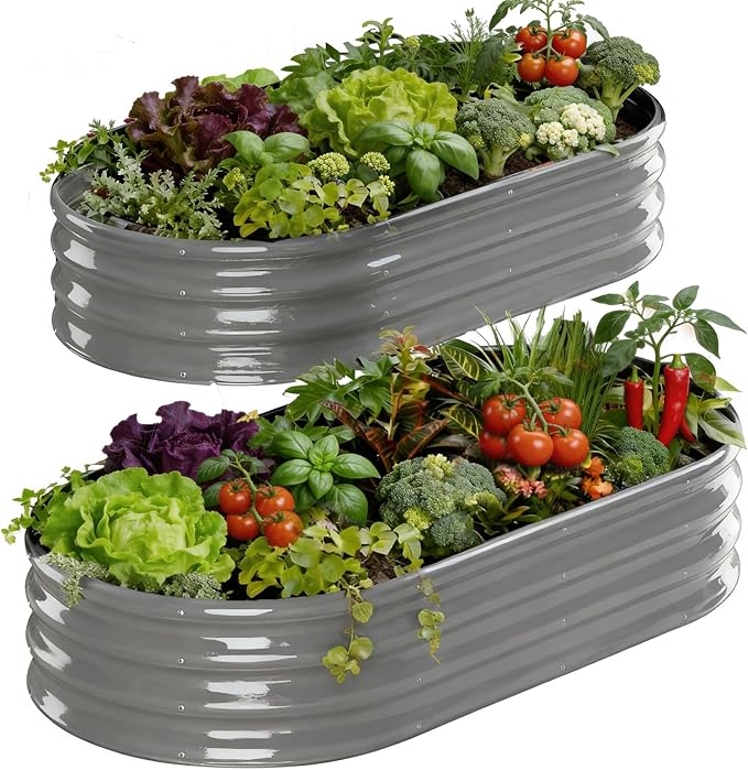 Raised Garden Bed Outdoor 2 Sets Oval Large Coating Metal Planter Box with No Heavy Metal for Vegetables Flowers Herbs