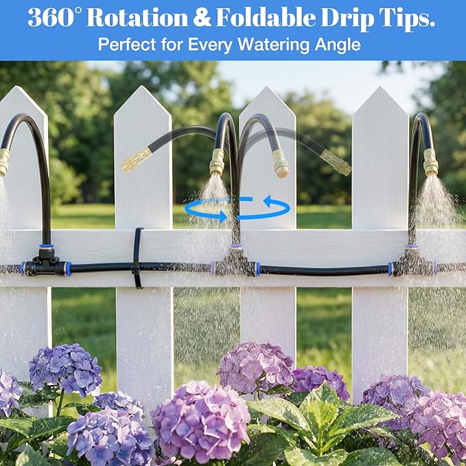 80FT Drip Irrigation Kit 8mm Hose with 20 Brass 360° Adjustable Nozzles Quick Connectors Automatic Garden Watering System– Complete Garden Irrigation System for Lawn Greenhouse Patio Yard