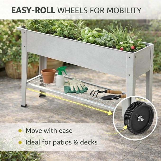 InSideOut Elevated 40 Raised Garden Bed Outdoor with Wheels &amp Shelf for Mobility Metal Planter Box for Vegetables/Herbs Patio-Balcony-Backyard (White)