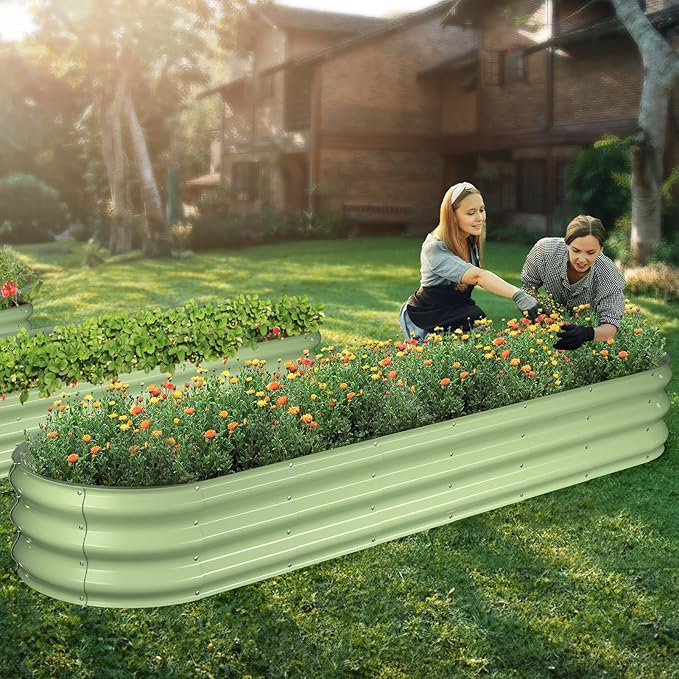 Raised Garden Bed Kit 8x2x1 ft Galvanized Planter Box Outdoor Oval Large Metal Raised Beds for Gardening Vegetables Flower Herb (Avocado Green)
