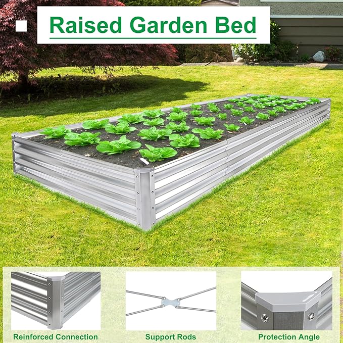JERIA 12×4×1ft Raised Garden Bed with Support RodsGalvanized Raised Garden Bed Kit Outdoor Metal Gardening Planter Box for Vegetable Fruits Flower
