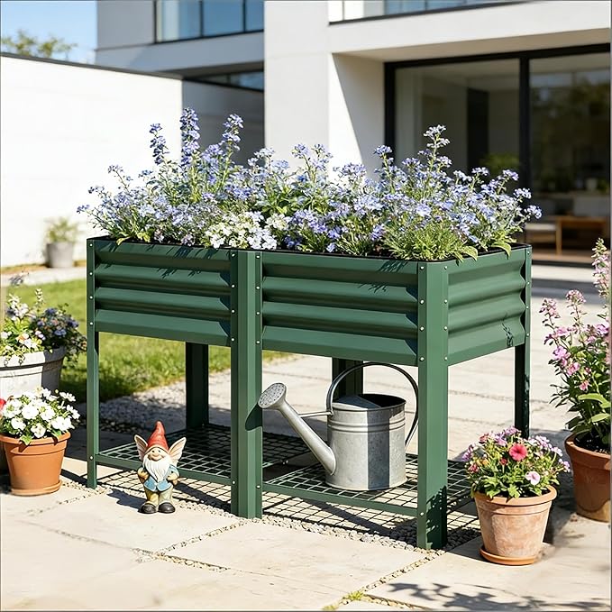 Elevated Outdoor Raised Garden Bed with Legs - 39.6-Gallon Galvanized Steel Planter Box for Patio Herbs Vegetables &amp Flowers - Ergonomic Height 33lb Storage Shelf (Green)