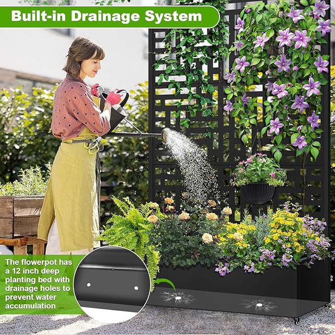 Metal Planter Box with Trellis 72x47x16 Metal Raised Garden Bed with Trellis Trellis Planter Box with Drainage Holes &amp Lockable Casters for Climbing Plants Vegetables and Vines