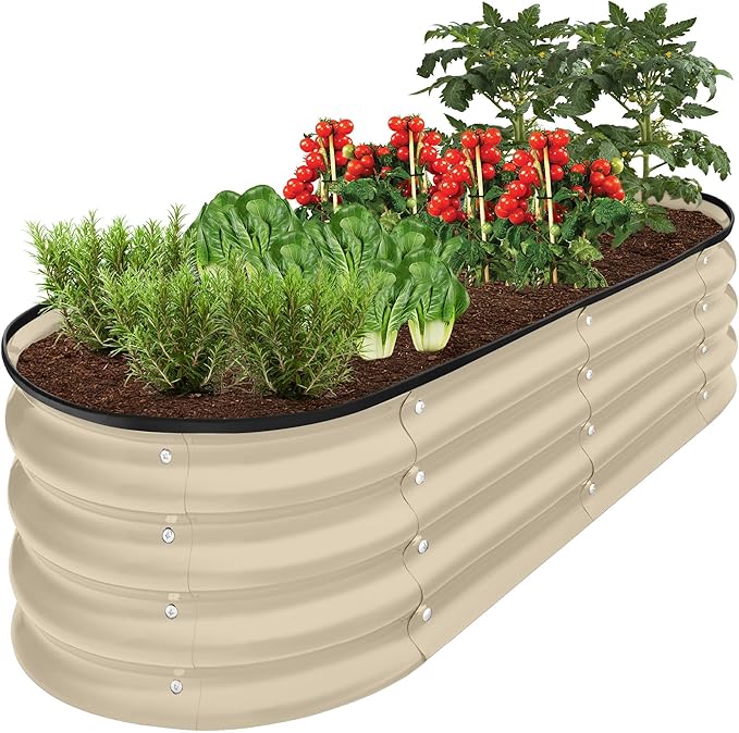Best Choice Products 4x2x1ft Outdoor Metal Raised Garden Bed Oval Deep Root Planter Box for Vegetables Flowers Herbs and Succulents w/ 51 Gallon Capacity Rubber Edge Guard - Beige
