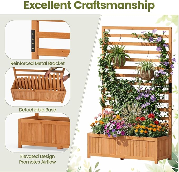 BECOMFORT 59”H Raised Garden Bed with Trellis Tall Fir Wood Planter Box with Liner &amp Drainage Gaps for Climbing Plants Vegetables &amp Flowers Outdoor Privacy Planters for Patio Balcony Yard