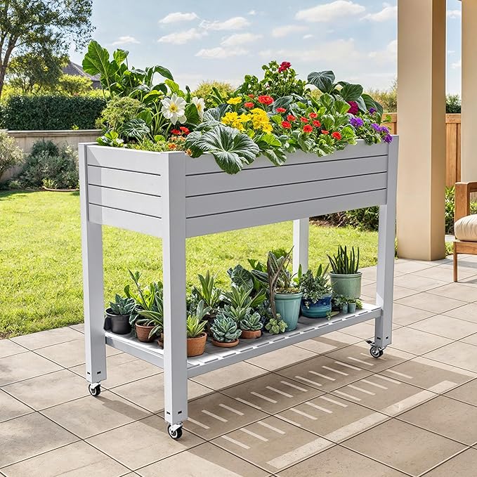 DWVO Raised Garden Bed Kit 3.6 x 1.5 x 2.8 FT Outdoor Plastic Planter Box with Wheels and Legs Garden Box with Drain Plug &amp Storage Shelf for Planting Vegetables Flowers and Herbs Grayish-Whi