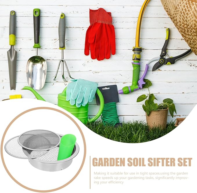 Stainless Steel Soil Sieve Set with Shovel Garden Compost Sifter with 1mm 3mm 6mm Mesh Screens for Potting Soil Filtration and Gardening Tool Kit