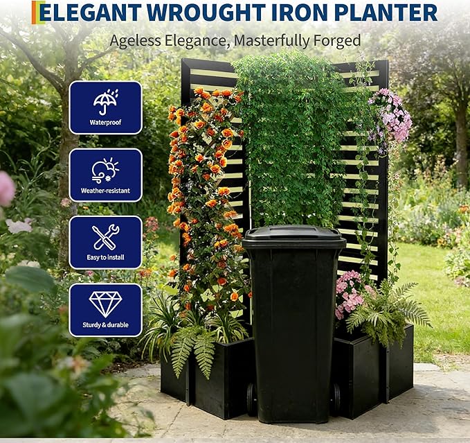 GarveeLife 52x70x28 Inch Privacy Screen with Planter Box Metal Garden Fence Panel 3-Panel Freestanding Outdoor Room Divider with 4 Self-Draining Raised Garden Beds for Patio Deck Yard