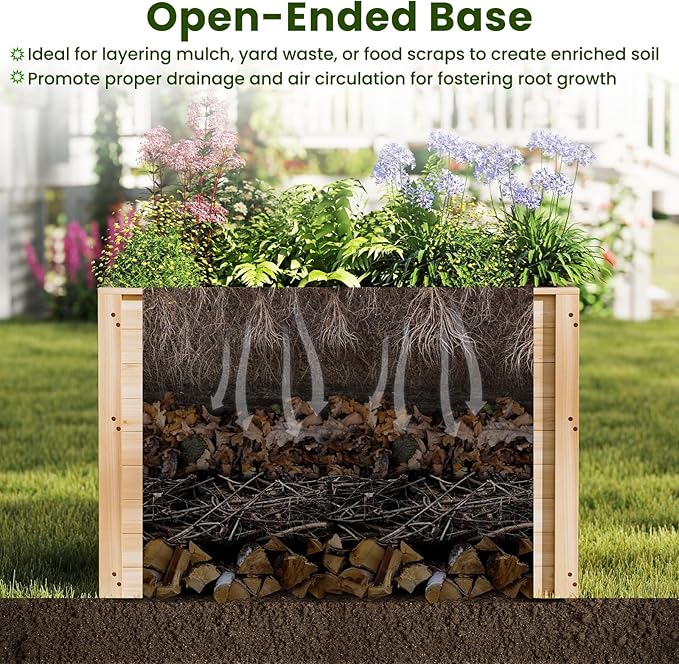 Giantex Set of 2 Wood Raised Garden Bed 40x25x26 Elevated Planter Box w/Open-Ended Base for Deep-Rooted Plant Vegetable Fruit Flower Outdoor Solid Wood Planter for Patio Backyard (40x25x26)
