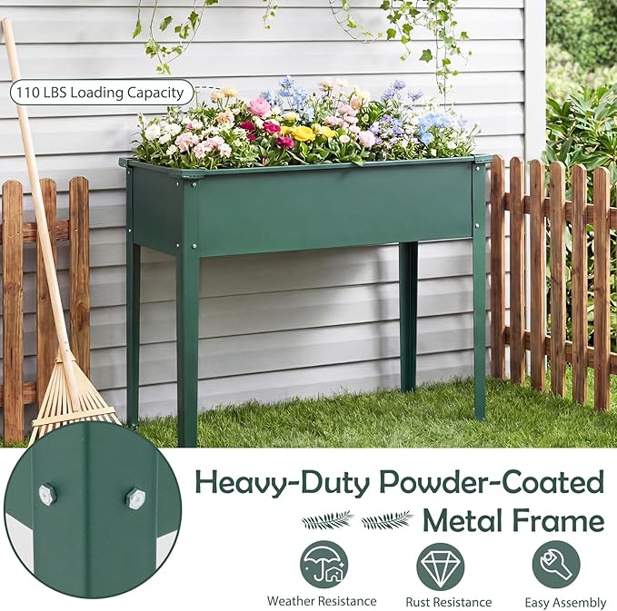 Giantex Metal Raised Garden Bed with Legs 40”x16”x32” Elevated Planter Box with Drainage Holes for Vegetable Fruit Flower Herb Outdoor Standing Gardening Box for Balcony Backyard Patio Porch Green
