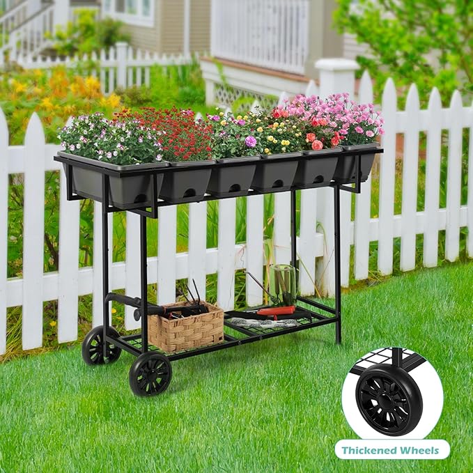 YBING Raised Garden Bed with Wheels Outdoor Elevated Planter Box Stand 6 Pocket Raised Flower Bed with Legs and Storage Shelf Herb Garden Planter for Patio 30 Tall Dark Grey