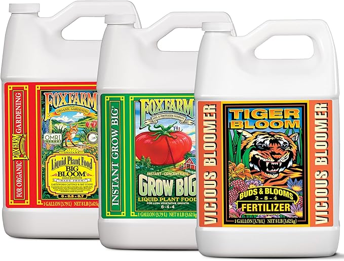 FoxFarm Soil Liquid Trio Pack - Big Bloom Grow Big Tiger Bloom Fertilizers for Vigorous Plant Growth Bud Development &amp Abundant Fruit - Complete Liquid Plant Food Set - 3 Gallon Bottles