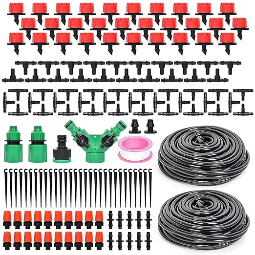 HOINCO 131FT Drip Irrigation System Kit 149 Pcs Automatic Irrigation Kit System Patio Misting Plant Watering System with 1/4 Inch Distribution Tubing Hose.
