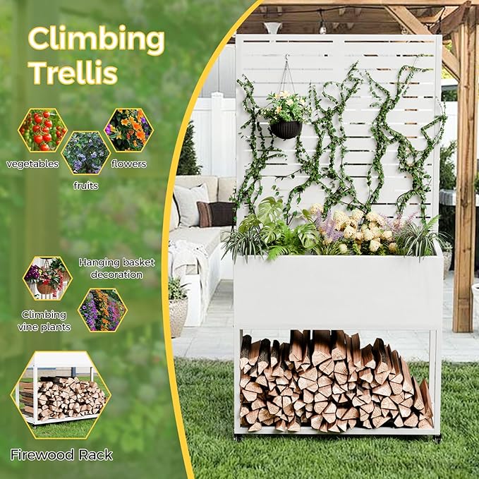 Raised Garden Bed with Trellis Metal Raised Planter Box with Trellis Privacy Planters for Patio Raised Garden Beds Outdoor Standing with Drainage Holes Wheels White