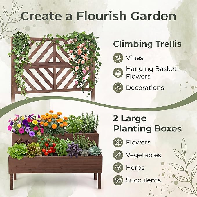 Giantex Raised Garden Bed with Trellis 2-Tier Standing Planter Box with Legs and Drain Holes Outdoor Elevated Garden Trellis for Vine Climbing Flower Vegetable Fruit Herb Growing Coffee Brown