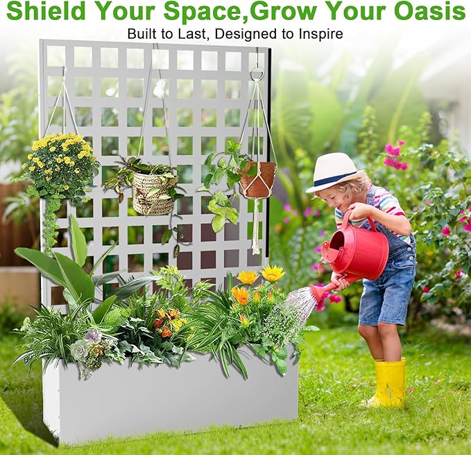 CABIHOME Metal Planter Box with Trellis Privacy Screen Galvanized Steel Modular Design for Climbing Plants Raised Garden Bed for Outdoor Patio Backyard &amp Garden Decor (White)