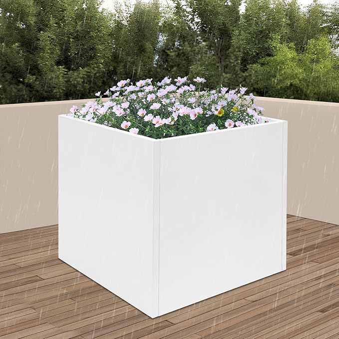 Heavy-Duty Galvanized Steel Raised Garden Bed 26x26x26in - Elevated Planter Box with Removable Panel for Tomatoes/Herbs/FlowersRust-Proof Outdoor Metal Garden Kit for PatioBackyardBalcony (White)