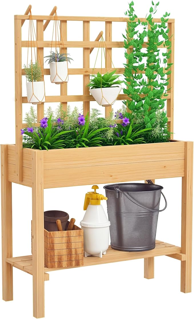 Outsunny Wooden Raised Garden Bed with Trellis Elevated Planter Box with Storage Shelf Outdoor Flower Box for Vegetables Flowers Herbs