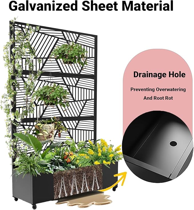 Outdoor Metal Privacy Screen with Trellis &amp Planter Box – 72 x 47 3-Panel Raised Garden Bed on Wheels with Drainage Patio Divider for Climbing Plants &amp Vegetables Black
